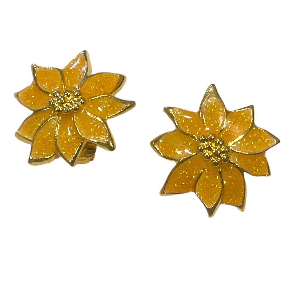 Sparkling gold tone clip poinsettia earrings
